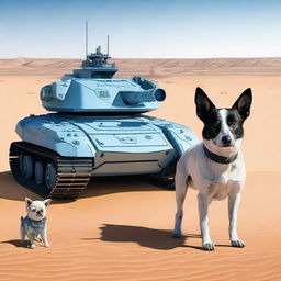 One small robot tank sniper in the desert with one realistic blue heeler dog