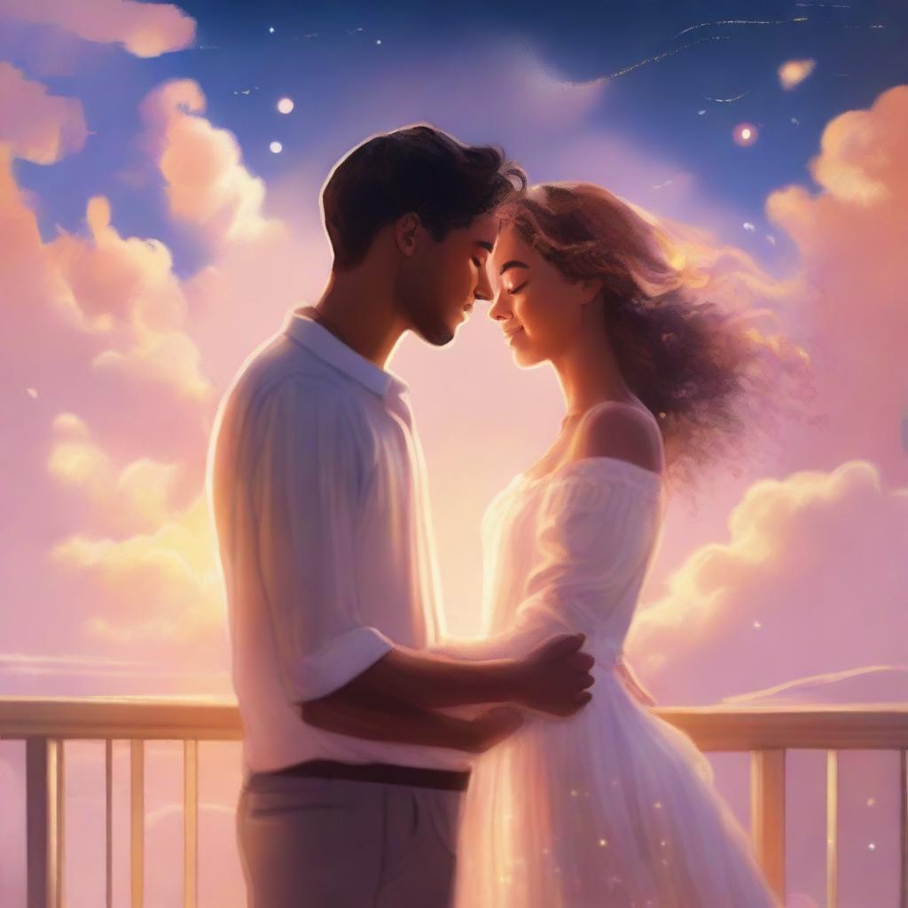 Create a digital illustration of a couple floating in the sky