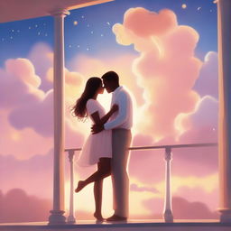 Create a digital illustration of a couple floating in the sky