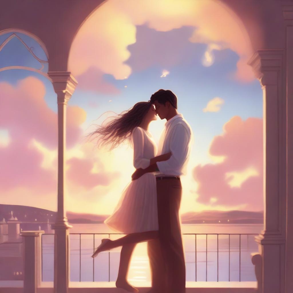 Create a digital illustration of a couple floating in the sky