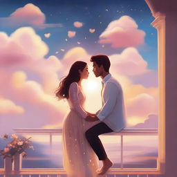 Create a digital illustration of a couple floating in the sky