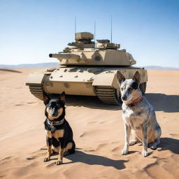 One small military tank sniper in the desert with one realistic blue heeler dog