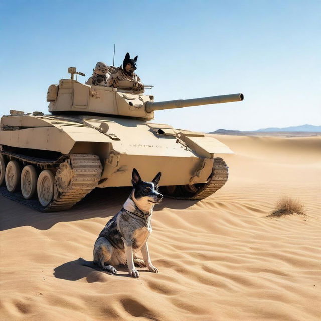 One small military tank sniper in the desert with one realistic blue heeler dog