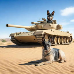 One small military tank sniper in the desert with one realistic blue heeler dog