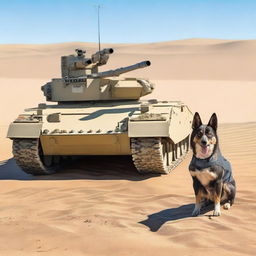 One small military tank sniper in the desert with one realistic blue heeler dog