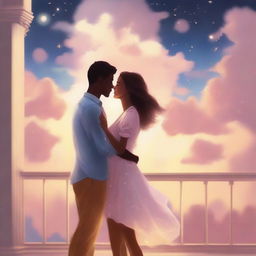 Create a digital illustration of a couple floating in the sky