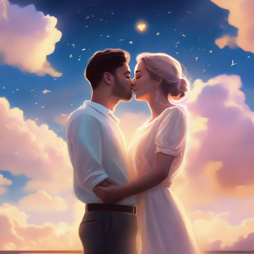 Create a digital illustration of a couple floating in the sky