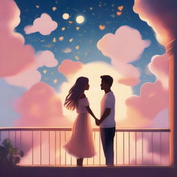 Create a digital illustration of a couple floating in the sky