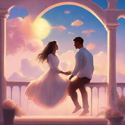 Create a digital illustration of a couple floating in the sky