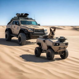 One small all-terrain sniper vehicle in the desert with one realistic blue heeler dog