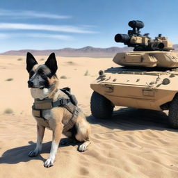 One small all-terrain sniper vehicle in the desert with one realistic blue heeler dog