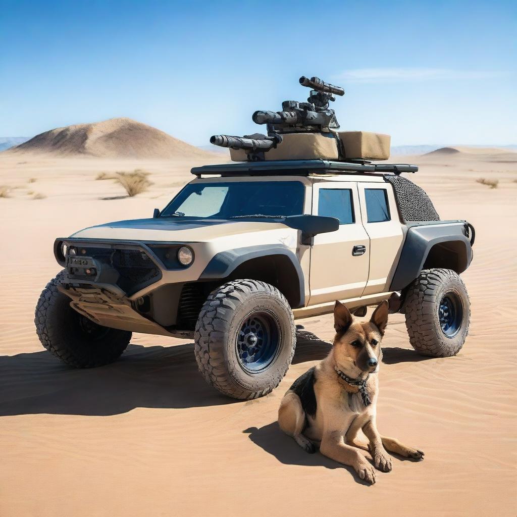 One small all-terrain sniper vehicle in the desert with one realistic blue heeler dog