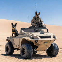 One small all-terrain sniper vehicle in the desert with one realistic blue heeler dog