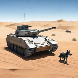 One small combat tank in the desert with one realistic blue heeler dog