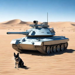 One small combat tank in the desert with one realistic blue heeler dog