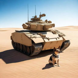 One small combat tank in the desert with one realistic blue heeler dog