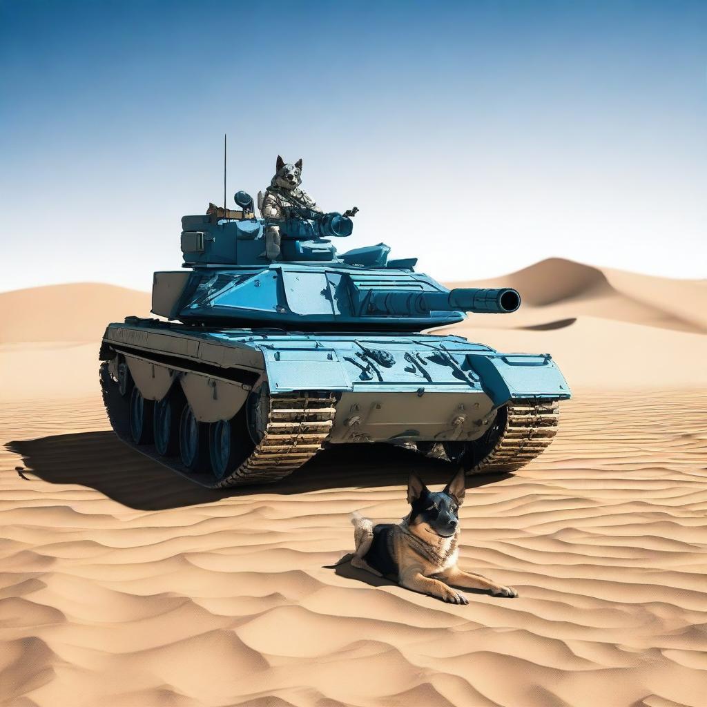 One small combat tank in the desert with one realistic blue heeler dog