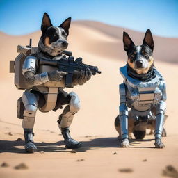 One realistic blue heeler dog and a tactical robot sniper in the desert