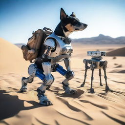 One realistic blue heeler dog and a tactical robot sniper in the desert