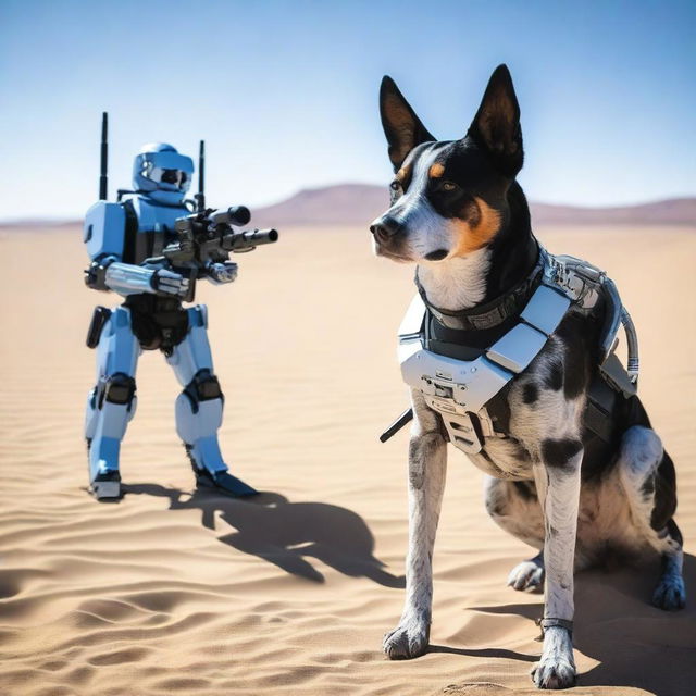 One realistic blue heeler dog and a tactical robot sniper in the desert