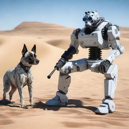 One realistic blue heeler dog and a tactical robot sniper in the desert