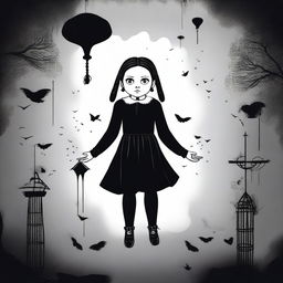 Create an image of Wednesday Addams floating in the air