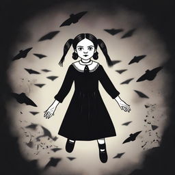 Create an image of Wednesday Addams floating in the air