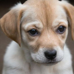 A tender puppy with shimmering eyes looked down in sadness, exhibiting a visible expression of melancholy. 