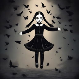 Create an image of Wednesday Addams floating in the air