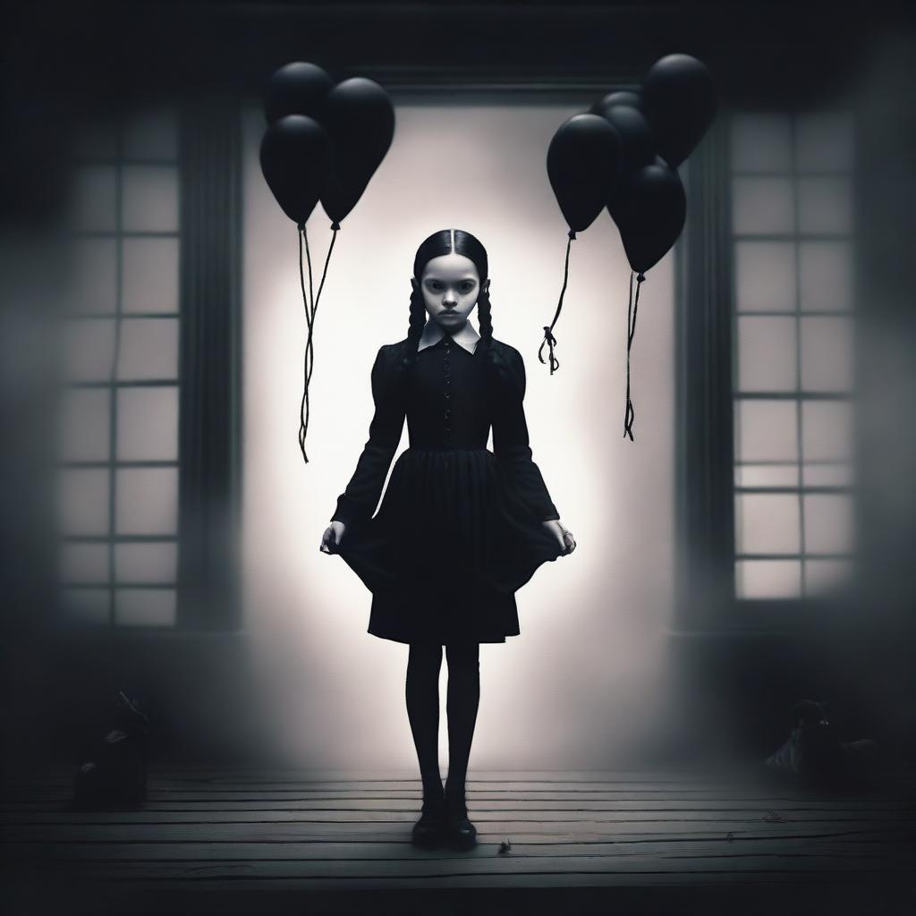 Create an image of Wednesday Addams floating in the air