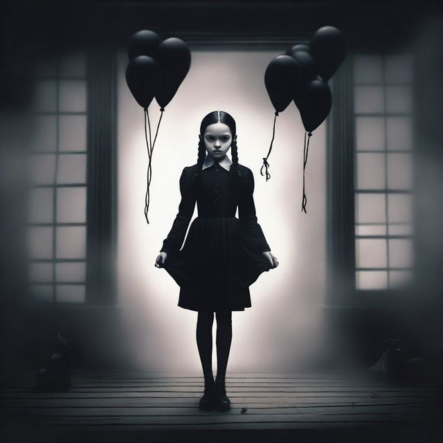 Create an image of Wednesday Addams floating in the air