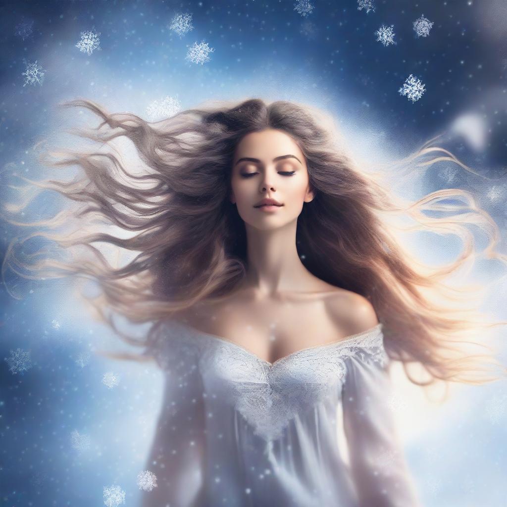 A beautiful woman floating in the air, her hair swirling with a magic spell