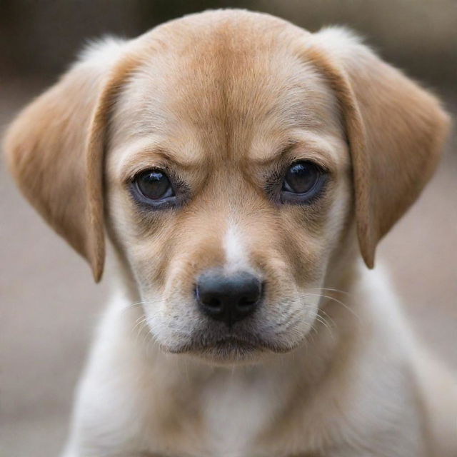 A tender puppy with shimmering eyes looked down in sadness, exhibiting a visible expression of melancholy. 