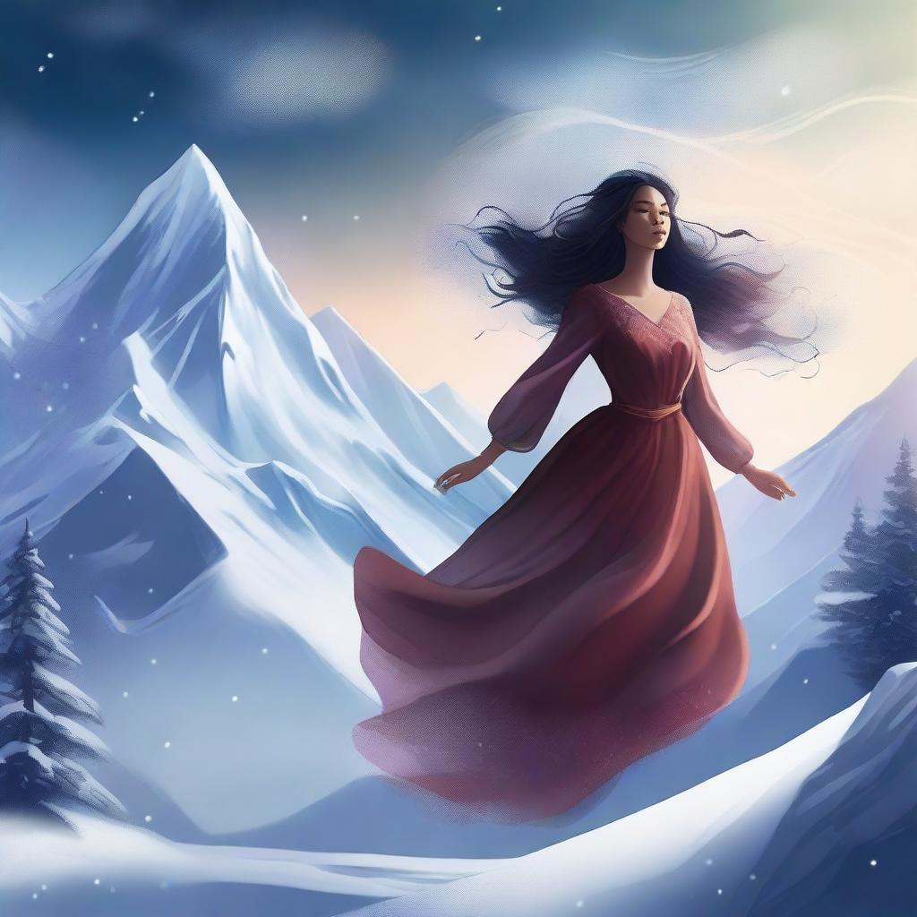 A digital illustration of a woman floating near a mountain, with snow all around