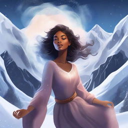 A digital illustration of a woman floating near a mountain, with snow all around