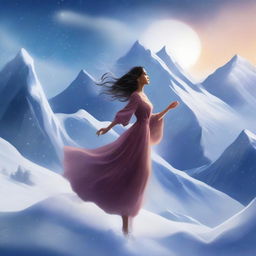 A digital illustration of a woman floating near a mountain, with snow all around