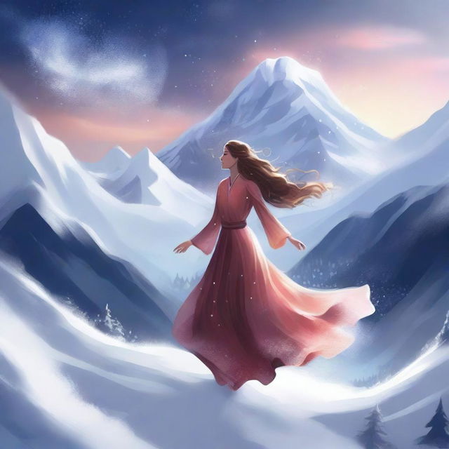 A digital illustration of a woman floating near a mountain, with snow all around