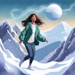 A digital illustration of a woman floating near a mountain, with snow all around