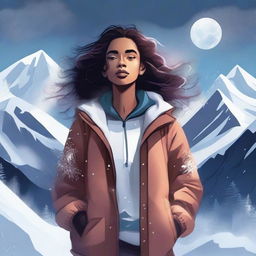 A digital illustration of a woman floating near a mountain, with snow all around