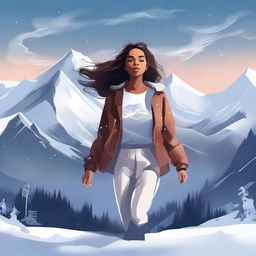 A digital illustration of a woman floating near a mountain, with snow all around