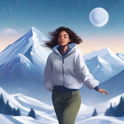 A digital illustration of a woman floating near a mountain, with snow all around