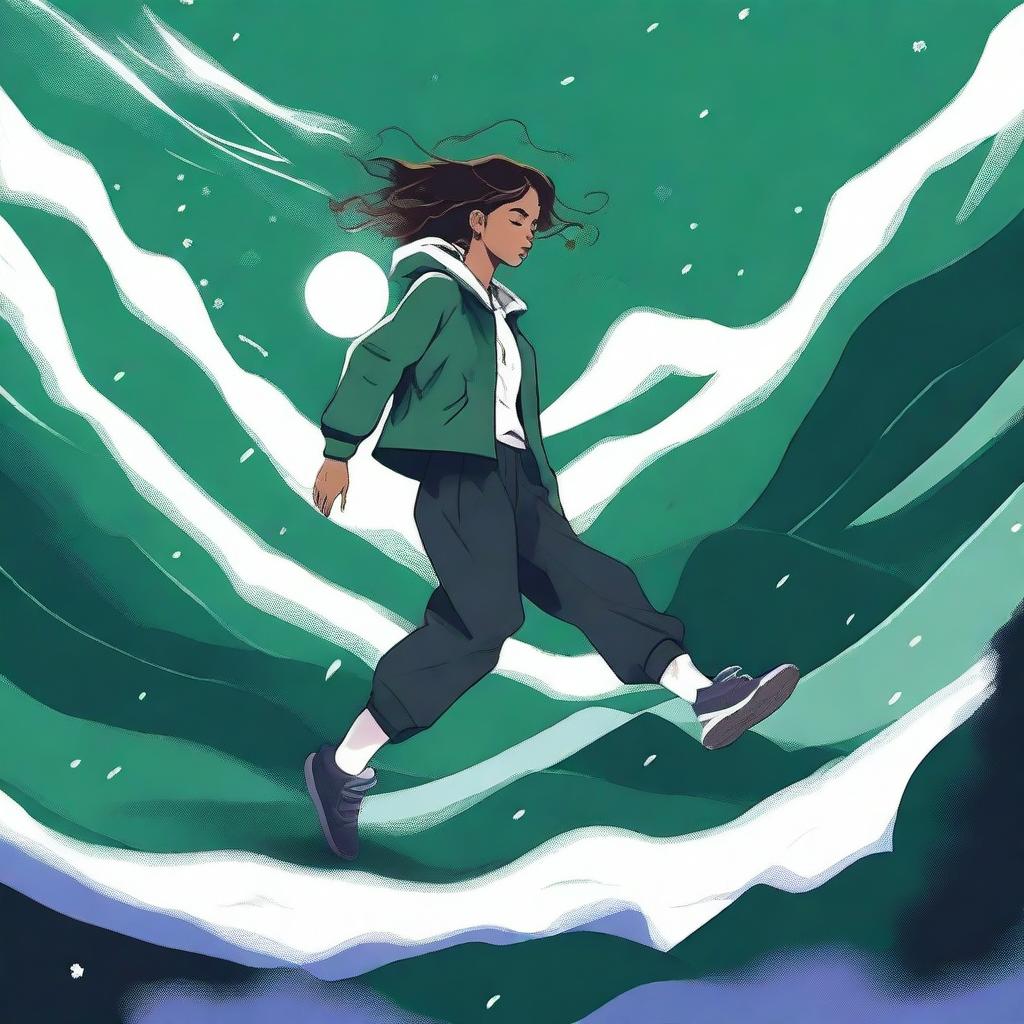 A digital illustration of a woman floating near a dark green valley, with snow all around