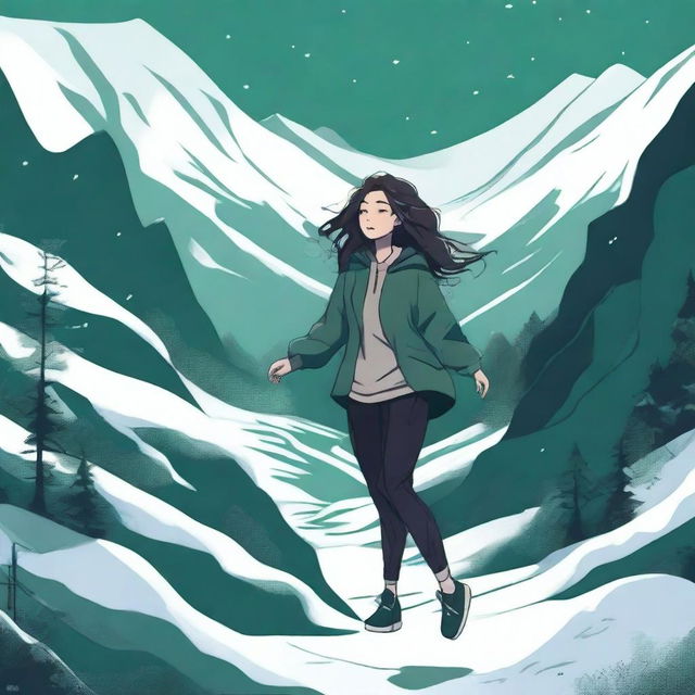 A digital illustration of a woman floating near a dark green valley, with snow all around