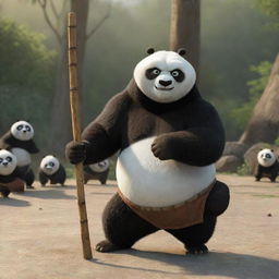 Create an image of Po from Kung Fu Panda, looking powerful, with a hat and a staff, teaching Kung Fu to a group of smaller pandas.