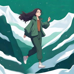 A digital illustration of a woman floating near a dark green valley, with snow all around