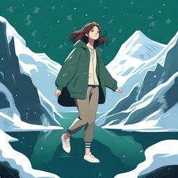 A digital illustration of a woman floating near a dark green valley, with snow all around