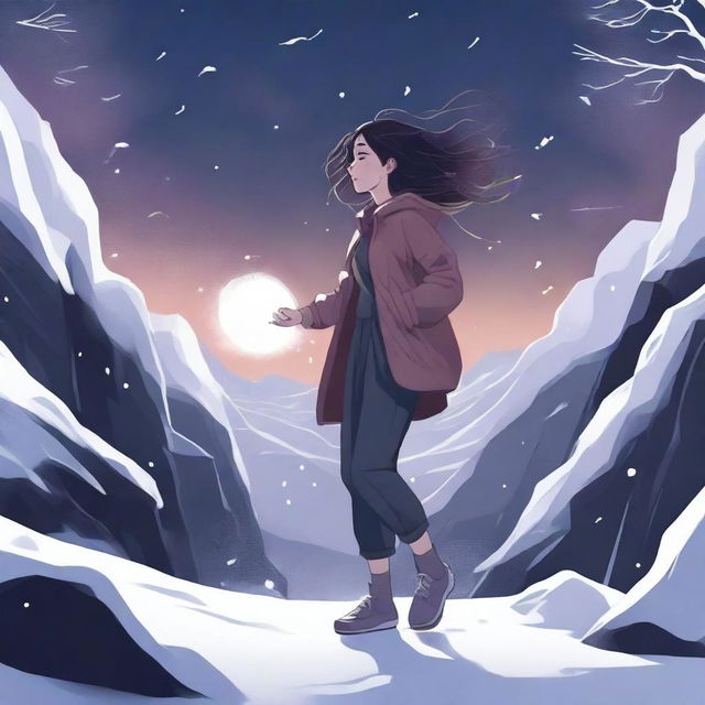 A digital illustration of a woman floating near a dark valley, with snow all around