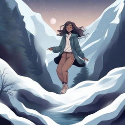 A digital illustration of a woman floating near a dark valley, with snow all around