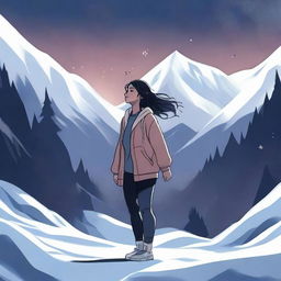 A digital illustration of a woman floating near a dark valley, with snow all around