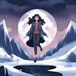 A digital illustration of a woman floating near a dark valley, with snow all around